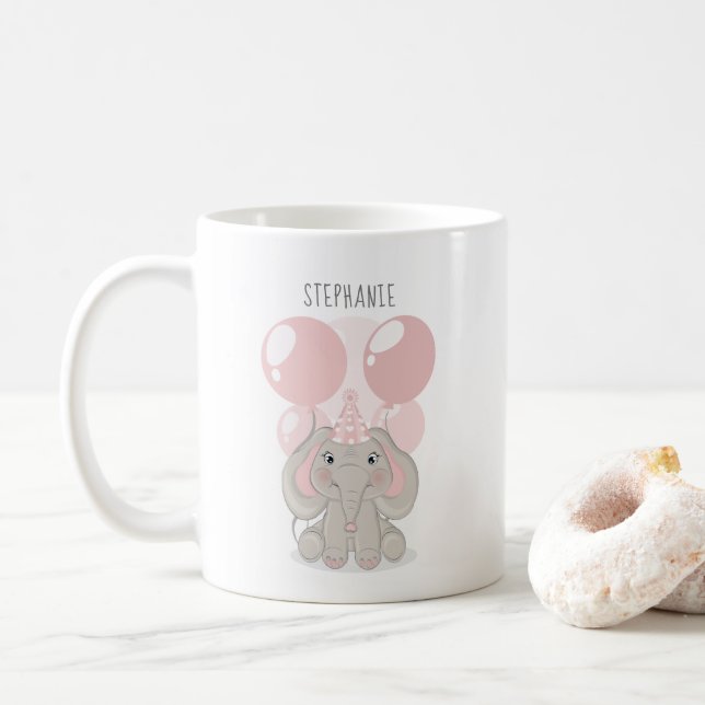 Elephant in Birthday Party Hat Coffee Mug (With Donut)