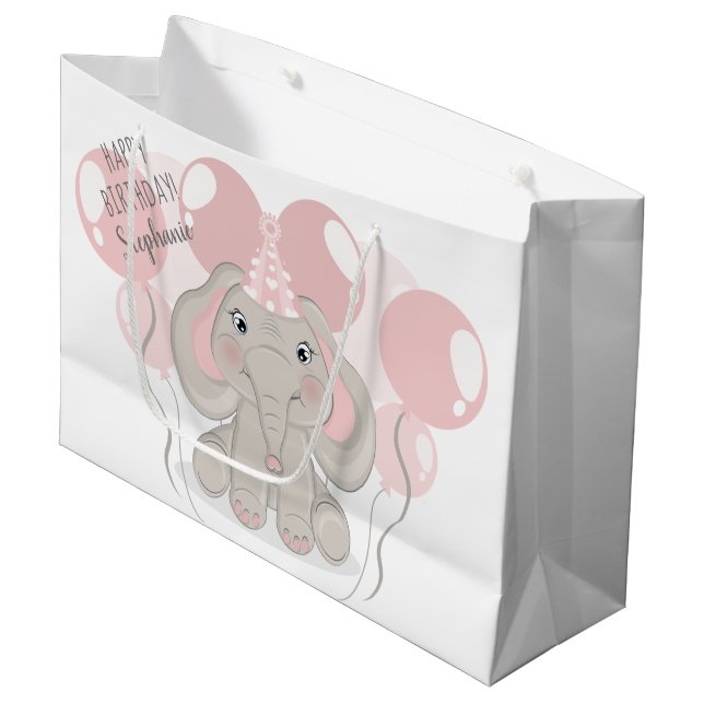 Elephant in Birthday Party Hat Large Gift Bag (Front Angled)