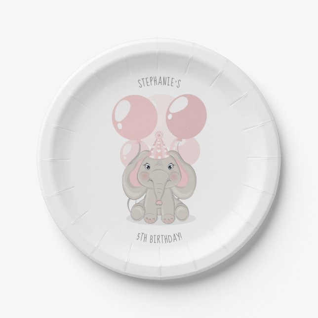 Elephant in Birthday Party Hat Paper Plate (Front)