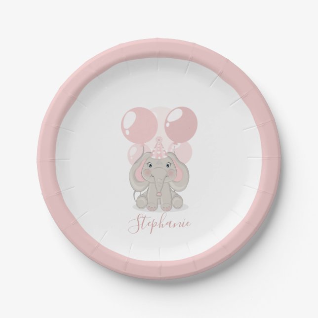 Elephant in Birthday Party Hat Paper Plate (Front)