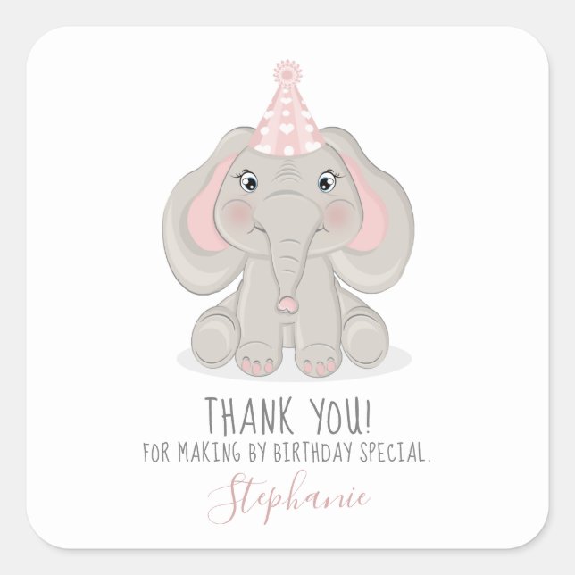 Elephant in Birthday Party Hat Square Sticker (Front)