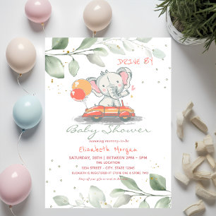 Elephant In Car Floral Drive By Baby Shower Invitation