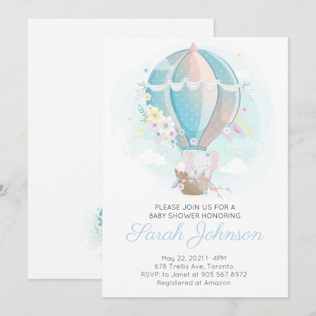 Elephant in Hot Air Balloon Baby Shower Invitation (Front/Back)