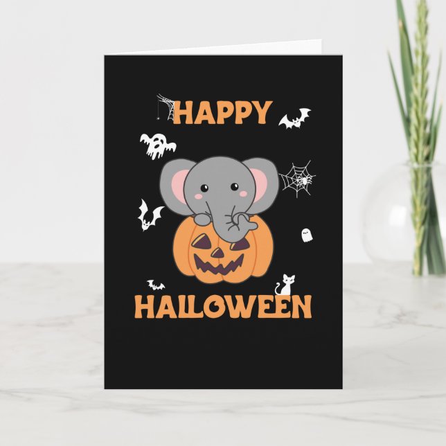 Elephant In Pumpkin Cute Elephant Happy Halloween Card (Front)