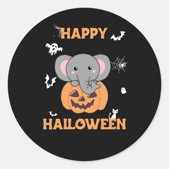 Elephant In Pumpkin Cute Elephant Happy Halloween Classic Round Sticker (Front)