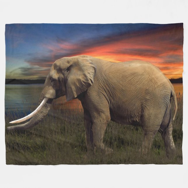 Elephant In The Sunset Fleece Blanket, Large Blanket (Front (Horizontal))