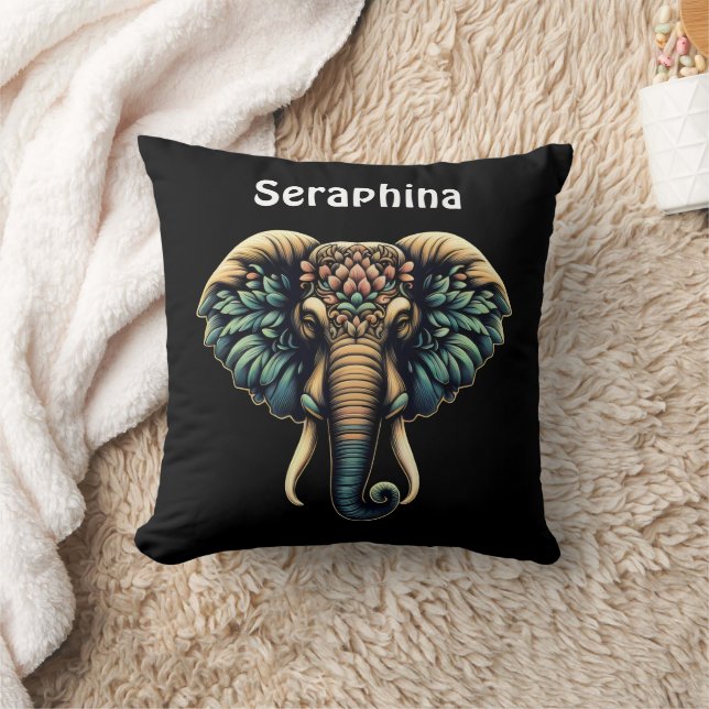 Elephant in vibrant flowers and leaves cushion (Blanket)