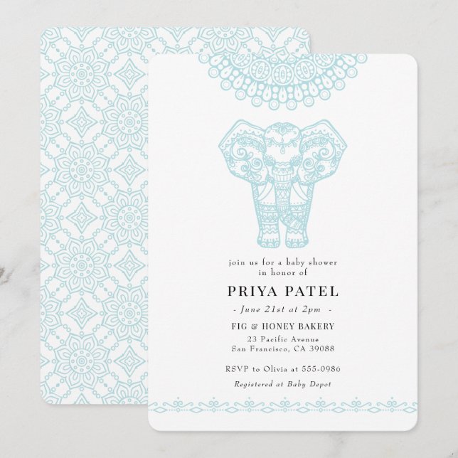 Elephant Indian Blue Baby Shower Invitation (Front/Back)