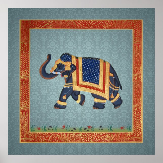 Elephant indian blue grey red gold Poster (Front)