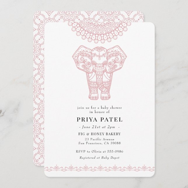 Elephant Indian Pink Baby Shower Invitation (Front/Back)
