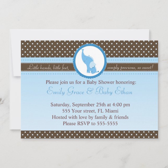 Elephant Invitation Baby Boy Shower Blue Brown (Front)