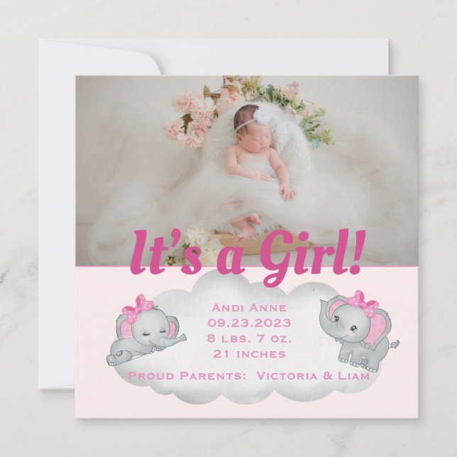 Elephant It’s a Girl Pink Photo Birth Announcement (Front)