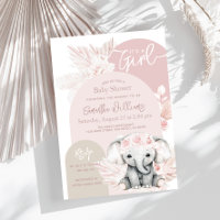 Elephant It's a Girl Boho Floral Pink Baby Shower
