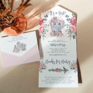 Elephant It's a Girl Pink Baby Shower All In One Invitation
