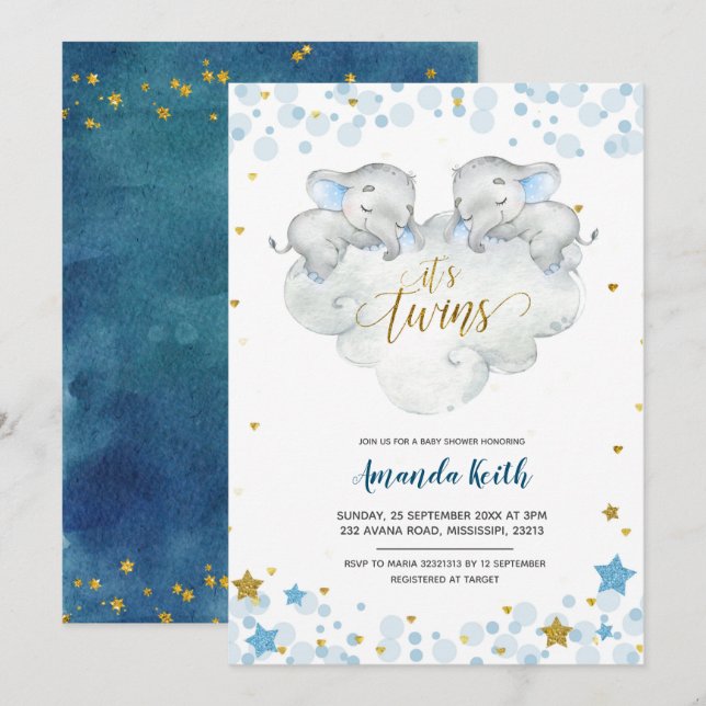 Elephant It's Twins Baby Shower Invitation (Front/Back)