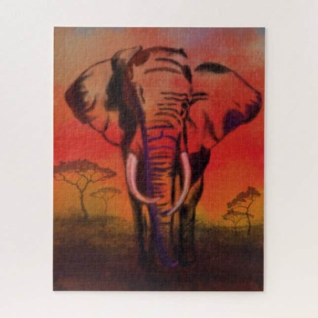 Elephant Jigsaw Puzzle Sunset Savanna Painting (Vertical)