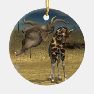 Elephant Jumps Over Giraffe Ceramic Tree Decoration