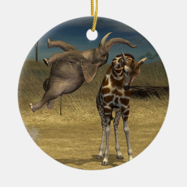 Elephant Jumps Over Giraffe Ceramic Tree Decoration (Front)