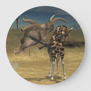 Elephant Jumps Over Giraffe Large Clock