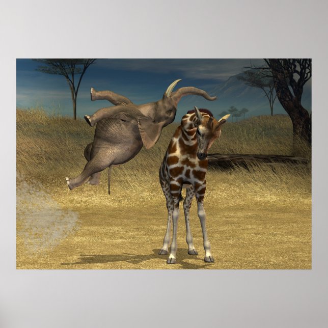 Elephant Jumps Over Giraffe Poster (Front)