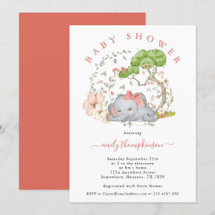 Elephant Jungle Foliage Coral Girl Baby Shower Inv Invitation