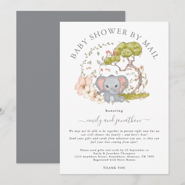 Elephant Jungle Foliage Grey Baby Shower by Mail Invitation (Front/Back)
