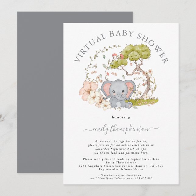 Elephant Jungle Foliage Grey Virtual Baby Shower Invitation (Front/Back)