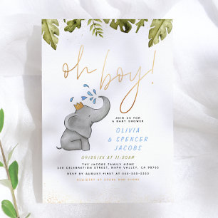 Elephant & Jungle Greenery Gold Oh Boy Baby Shower Invitation