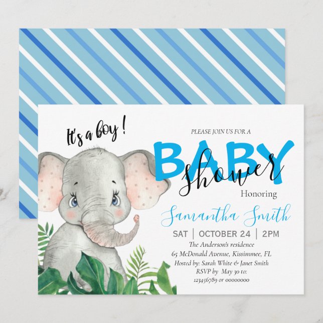 Elephant jungle safari baby invitation (Front/Back)