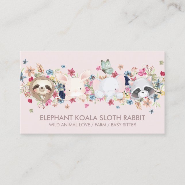 ELEPHANT KOALA SLOTH RABBIT BABY ANIMAL PINK BUSINESS CARD (Front)