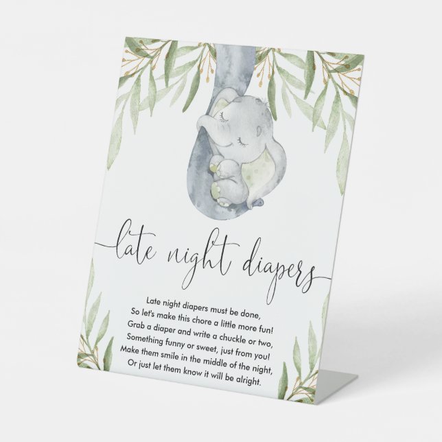 Elephant late night diapers baby shower game pedestal sign (Front)