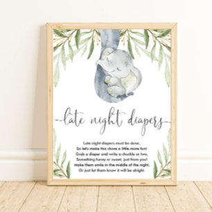 Elephant late night diapers baby shower game poster