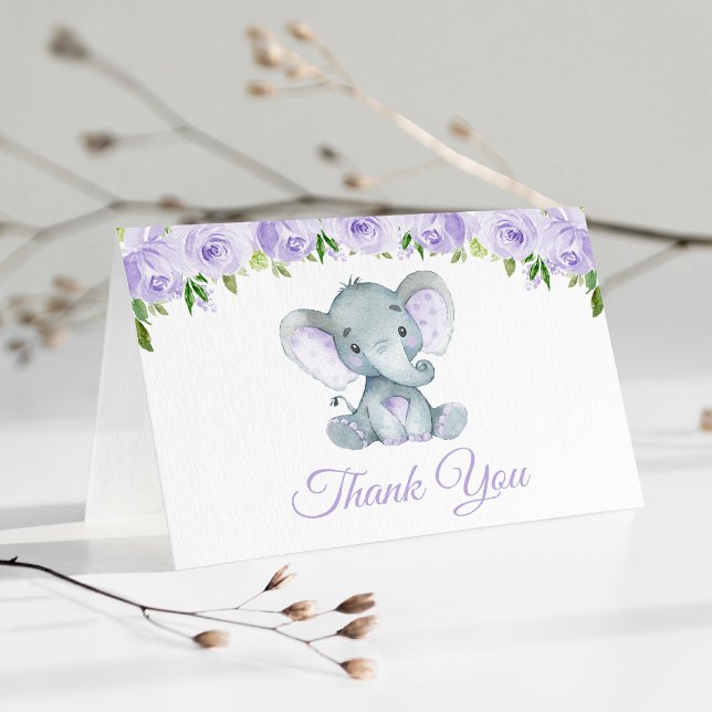 Elephant, Lilac Watercolor Flowers, First Birthday Thank You Card (Creator Uploaded)
