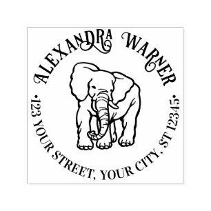 Elephant Line Art Round Name Return Address  Self-inking Stamp