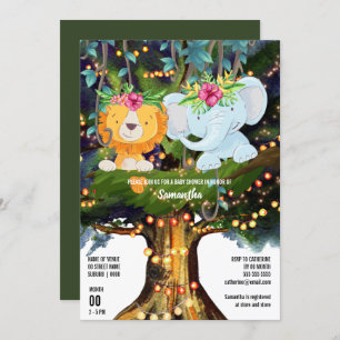 Elephant lion tropical jungle tree string lights invitation