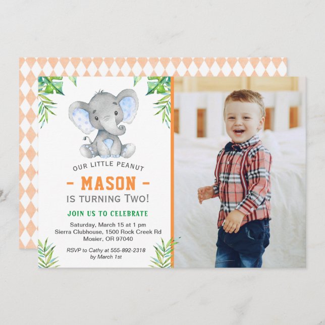 Elephant Little Peanut Boy Birthday Party Photo Invitation (Front/Back)