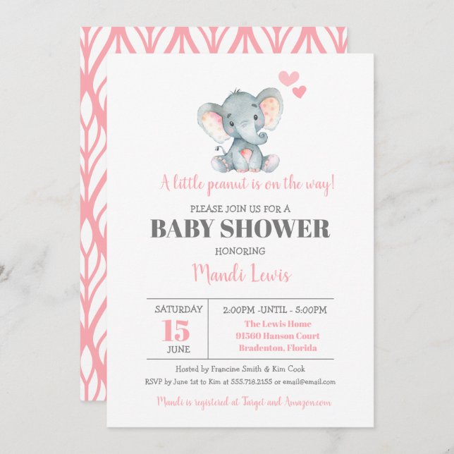 Elephant Little Peanut Girl Baby Shower Invitation (Front/Back)