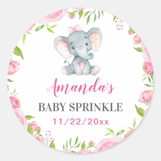 Elephant Little Peanut Girl Baby Shower Sprinkle Classic Round Sticker (Front)