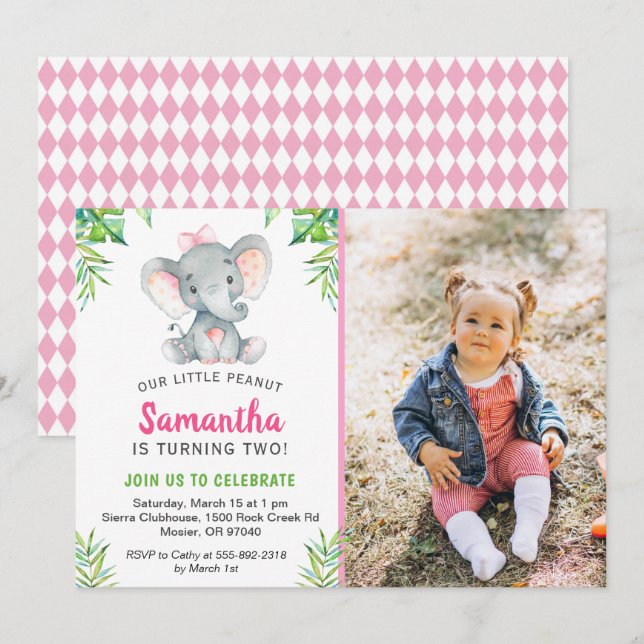 Elephant Little Peanut Girl Birthday Party Photo Invitation (Front/Back)