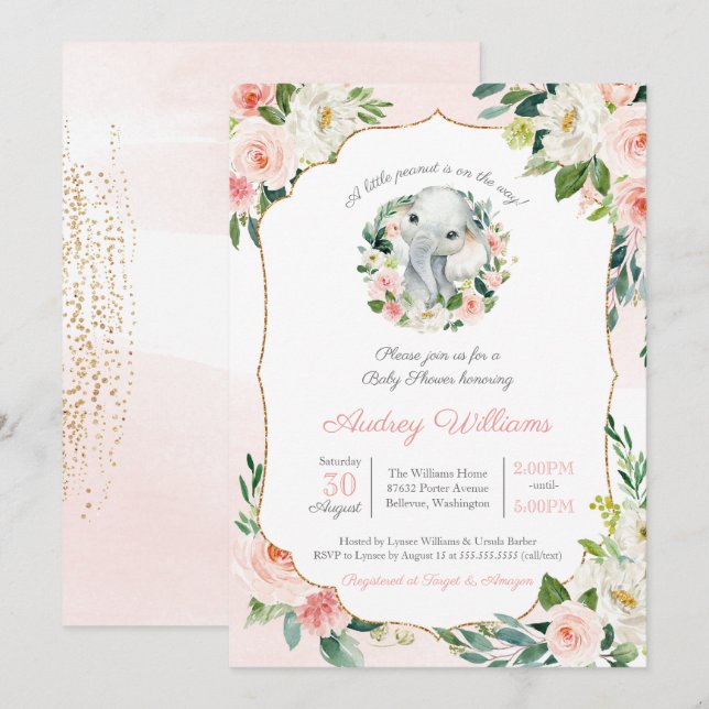 Elephant Little Peanut Lush Pink Girl Baby Shower Invitation (Front/Back)