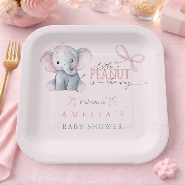 Elephant 'Little Peanut' Pink Bow Baby Girl Shower Paper Plate (Elephant 'Little Peanut' Pink Bow Baby Girl Shower Paper Plates)