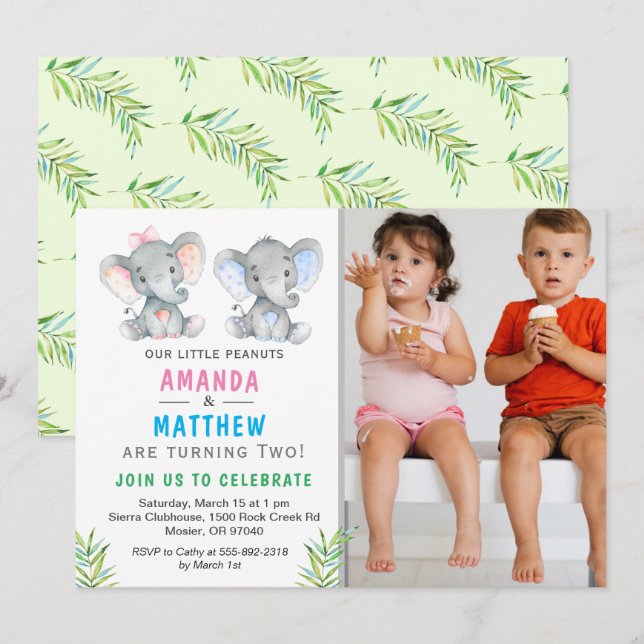 Elephant Little Peanut Twin Boy Girl Birthday Invitation (Front/Back)