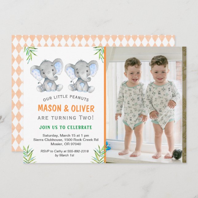 Elephant Little Peanuts Twin Boys Birthday Party Invitation (Front/Back)