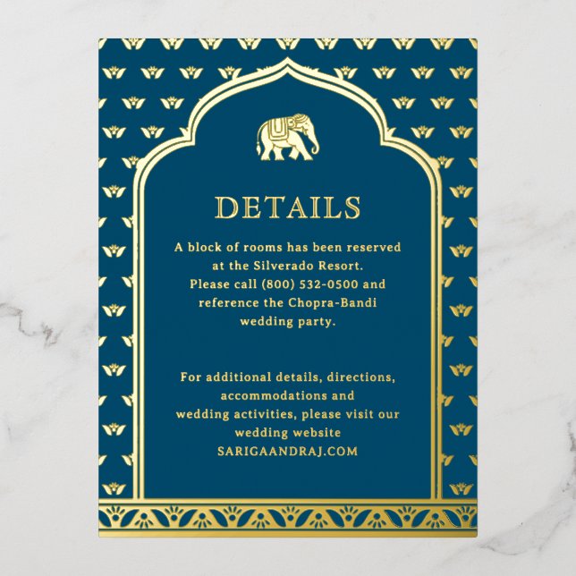 Elephant & Lotus Wedding Details Information Card (Front)