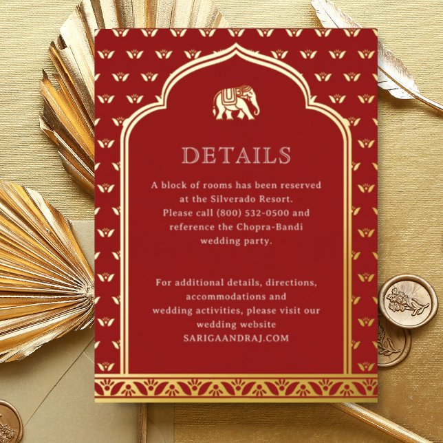 Elephant & Lotus Wedding Details Information Card (Red Indian wedding invitation hotel information details enclosure card, Lotus flower hindu wedding)