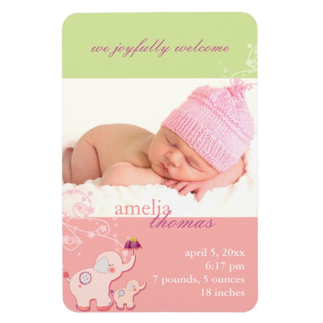 Elephant LOVE Baby Girl Photo Birth Announcement Magnet (Vertical)
