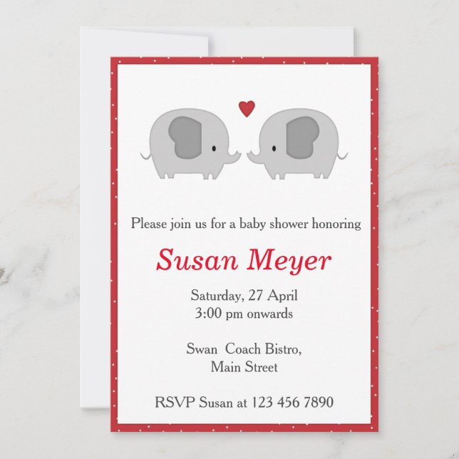Elephant Love Heart Baby Invitation Red (Front)