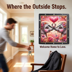 Elephant Love Heart Pink Square Wall Clock