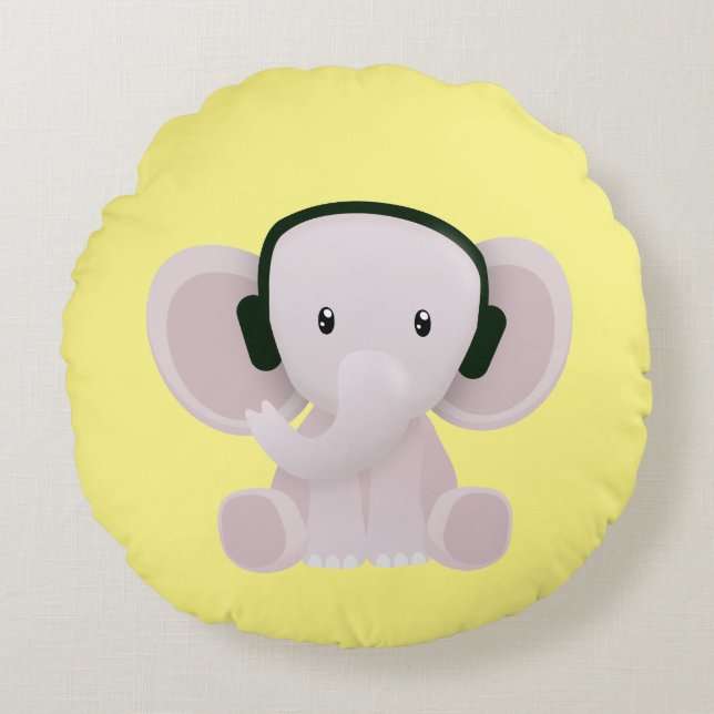 Elephant loves music round cushion (Front)
