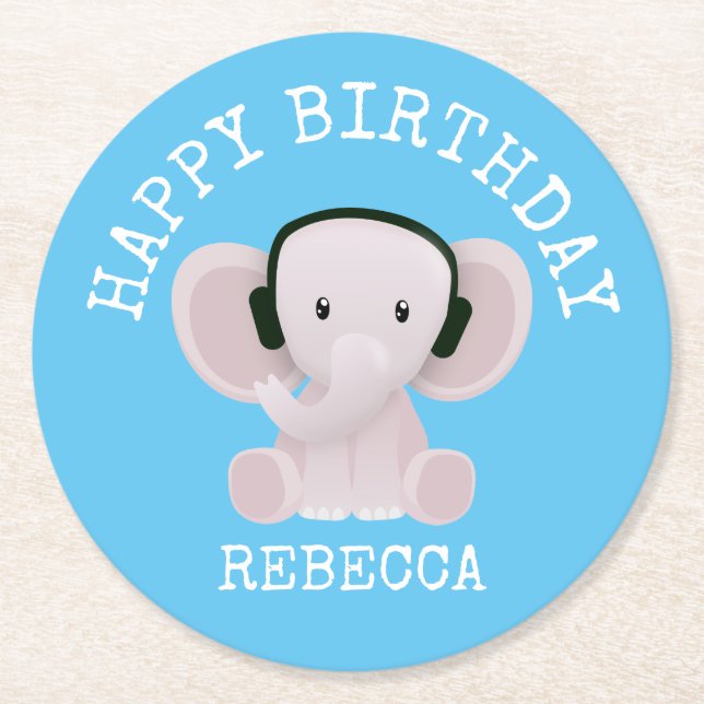 Elephant loves music round paper coaster (Front)